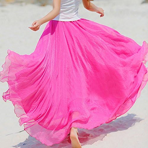 Chiffon Long Dresses, Summer Women Long Skirts Bohemian Shinning Casual Beach Dress (Rose Red)