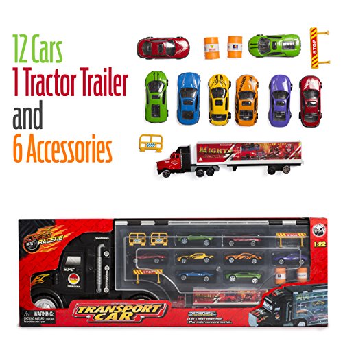 Big Daddy Super Mega Extra Large Tractor Trailer Car Collection Case Carrier Transport Toy Truck for Kids Includes 8 Cars 1 Small Tractor Trailer & 6 More Accessories, 22 Inch Super Duty Truck - Thumbnail 2