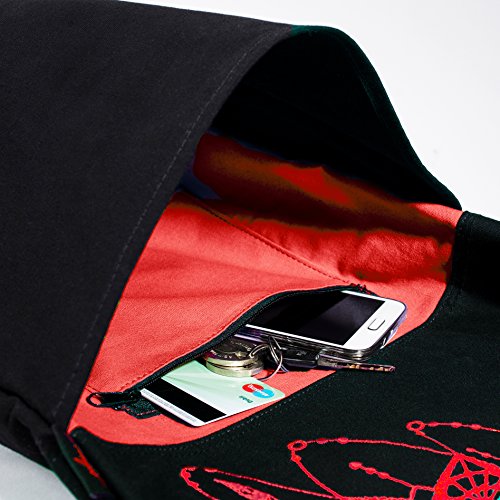 Yoga Mat Bag - Elegant & Embroidered Cotton Tote With 2 Pockets | Wide Sling Carrier With Long Strap & 2 Elastic Mat Bands (Black & Ruby Red)