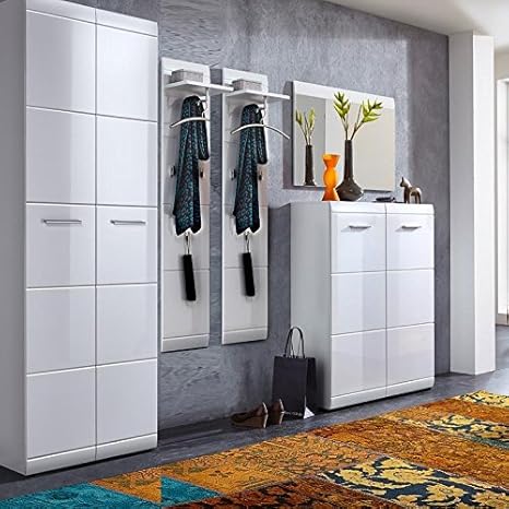 Lomadox Komplett Garderoben Set ? 5-Teilige Flurgarderobe Flurmöbel in Hochglanz weiß ? Schuhschrank, Spiegel, Paneele, Kleid