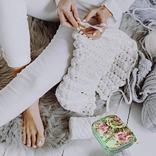 Urnanal Knitting Needle Case, Green Peony Pattern Travel Storage Bag Weaving Tools Organizer for Carrying Knitting Needles Crochet Hooks and Other Accessories