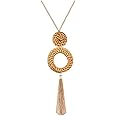 UYT Tassel Pendant Necklace Handmade Straw Wicker Braid Statement Pendant Y-Shaped Long Chain Necklace for Women