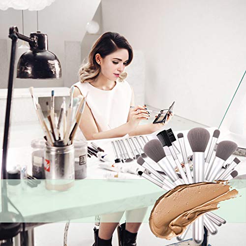 Real Perfection Makeup Brushes, 15 pcs Premium Cosmetic Makeup Brush Set Bamboo Charcoal Synthetic Bristles Foundation Powder Concealers Blending Eye Shadows Face Makeup Brush Kit (Silver)