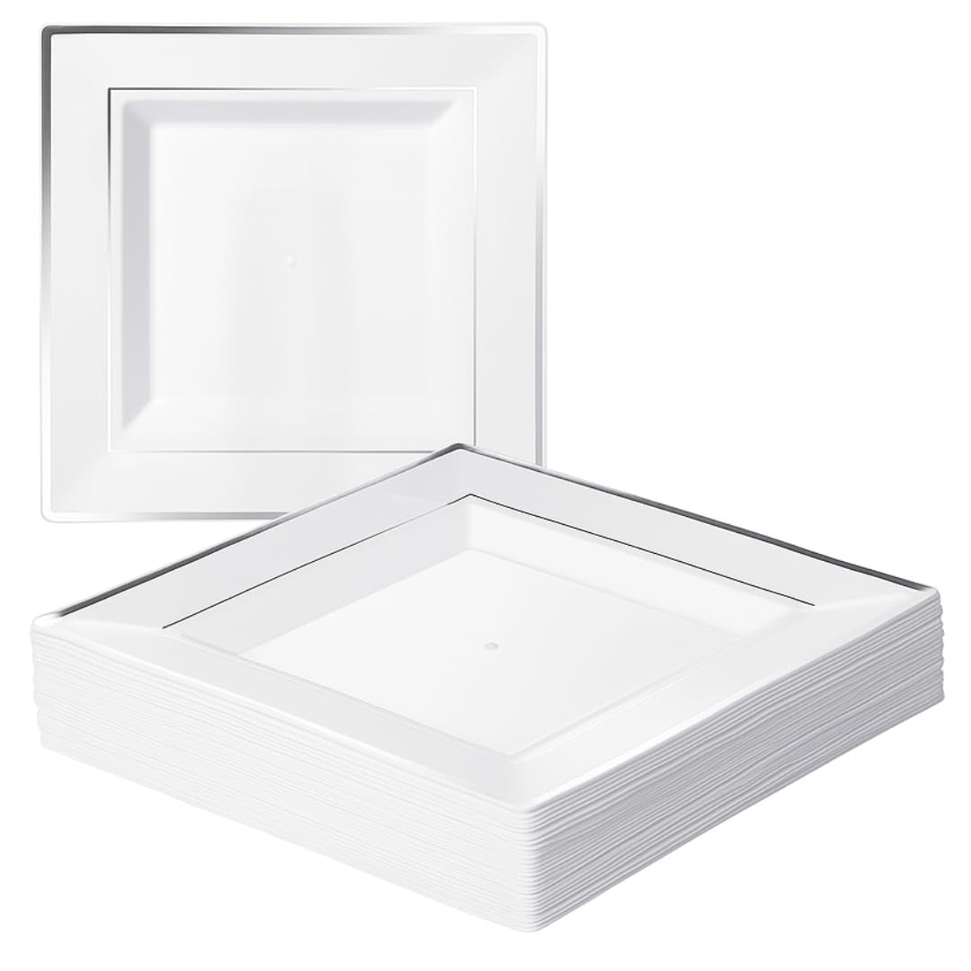 MATANA 20 Premium White Square Plastic Dinner Plates with Silver Rim, 24cm / 9 Inch - Elegant & Reusable Party Plates for Weddings, Birthdays, Picnic, BBQ, Parties