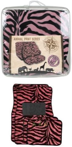 Universal Fit Automotive Gift Set Two Lowback Front Seat Covers, One Rear Bench Seat Cover, One Steering Wheel Cover, Two Shoulder Pads, and Four Floor Mats - Zebra Pink