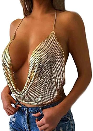 GBSELL Fashion Women Sequined Chain Backless V-neck Sexy Crop Bralette Tank Vest Cami (Gold)