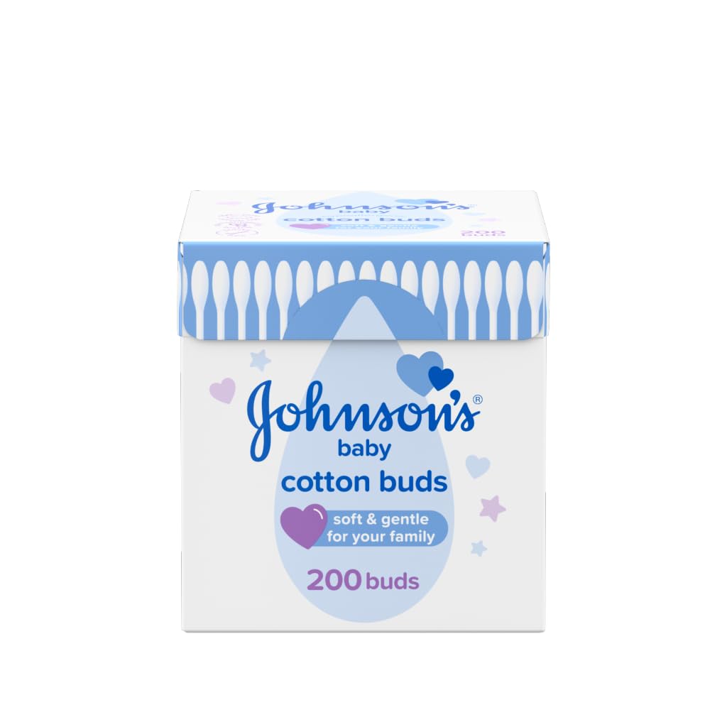 Johnson's Baby Cotton Buds (1 x Pack of 200) Soft & Gentle Ear Buds for Delicate Skin, Made of 100% Pure Cotton and Paper Sticks, Plastic-Free to Clean Delicate Areas, around Eyes and Outer Ear