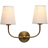 PERMO Vintage Double Sconce Large Antique 2-Lights Sconces with Flared Funnel Linen Beige Fabric Shade Hardwired Double Wall 