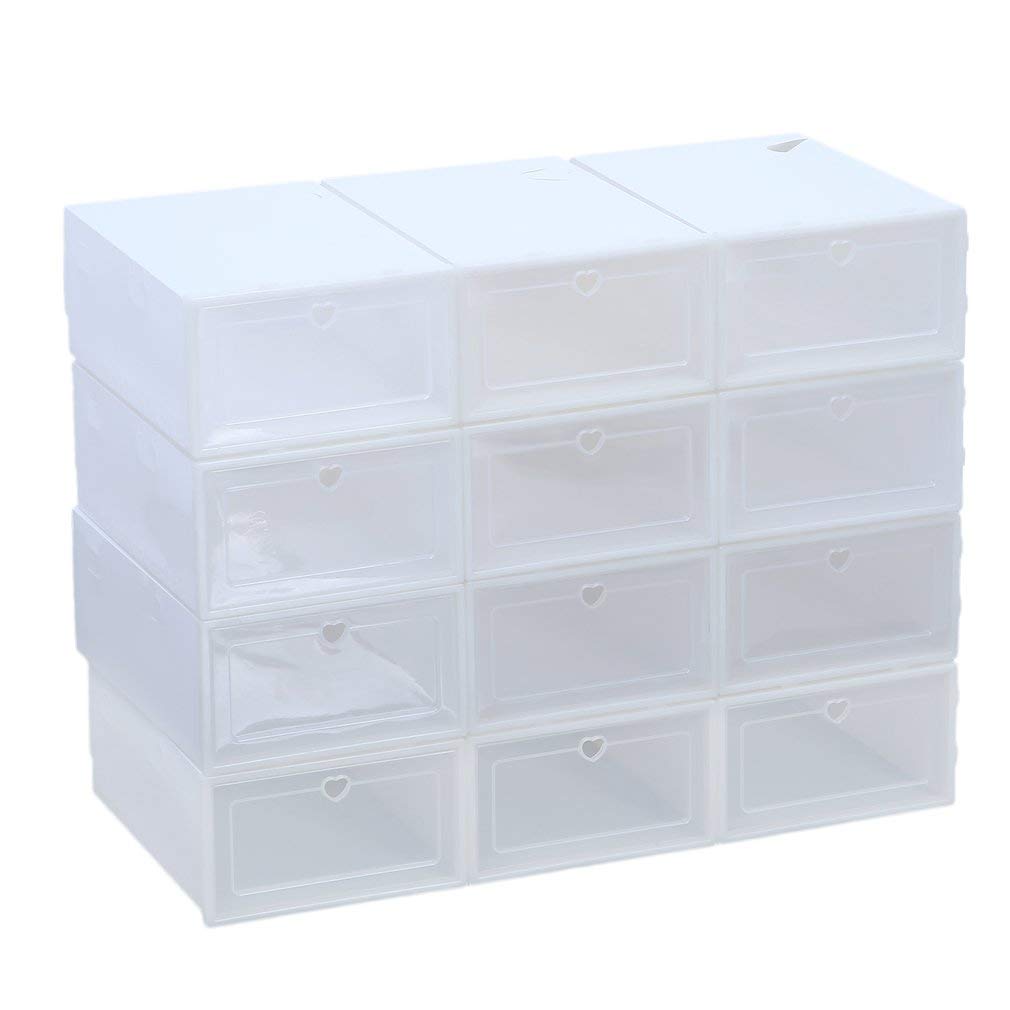 Krispich Shoe Boxes, Pack of 12 Stackable Shoe Storage Organisers, Foldable and Versatile for Sneakers, Transparent and White