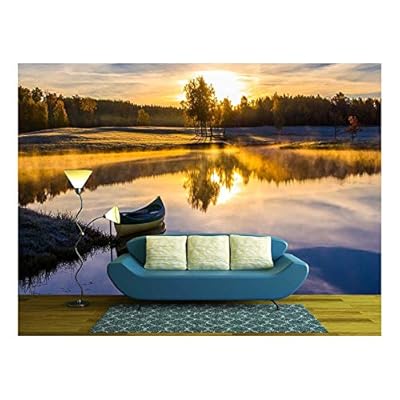 Sunrise Over The Lake with a Boat - Removable Wall Mural | Self-Adhesive Large Wallpaper - 100x144 inches
