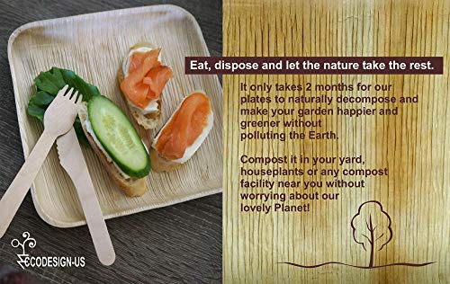 Party Pack of 150 Eco-Friendly Dinnerware - 50 Disposable 8" Square Palm Leaf Plates, 50 Wood Forks, 50 Wood Knives