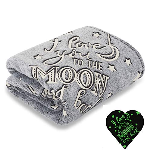 Good Karma Glow in The Dark Throw Blanket, I Love You to The Moon, Plush Soft, Fluffy, Fuzzy,Throw Blanket, Valentine Birthday, Holiday Fun Gift Teens, Kids Girls, Boys, Women Grey 50" X 60"