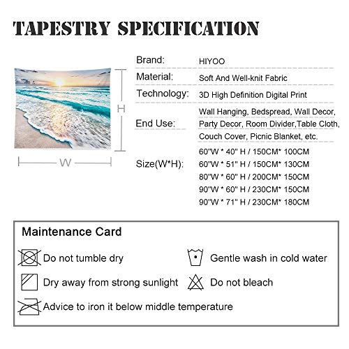 HIYOO Home Nature Art Wall Hanging Fabric Tapestry, Tropical Ocean Sea Coast Sand Beach Waves Theme Design, Decor for Party, Dorm Room, Bedroom,Living Room 90" W x 60" H - Sunrise