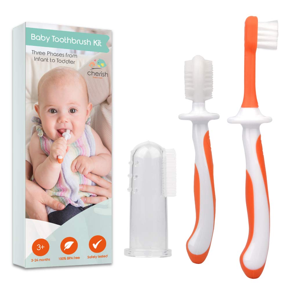 Cherish Baby Care Award-Winning Baby Toothbrush Set (3-24 Months) - 3-Pack Baby Finger Toothbrush, Training Toothbrush & Toddler Toothbrush - BPA-Free Baby First Toothbrush Set (Orange)