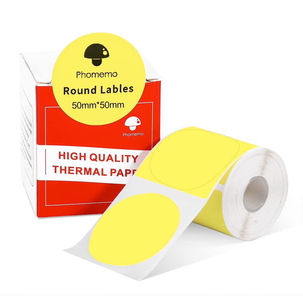 Phomemo M110 M108 M100 M120 M200 M220 M221 Label Maker Round Circle Label - Thermal Printer Labels for Price, Name, Address, Logo, Barcode, 50mm*50mm, Yellow (1 Roll)