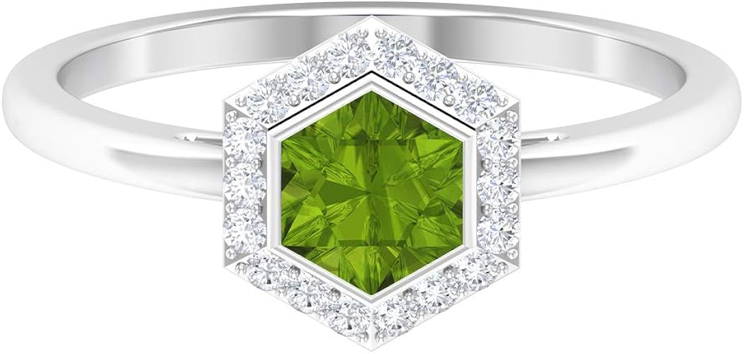 Amazon 1 2カラットペリドットソリティアリング Hi Si ダイヤモンドハローリング ゴールドエンゲージリング 5mm 六角カットペリドット 14k ホワイトゴールド Size 23 リング 通販