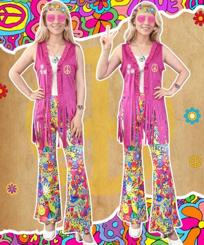 HEITOYI Women's Hippie Costume, 70s Costume with Dress, Vest, Trousers and Accessories, Carnival Costumes Adult Women, Cosplay Hippie for Halloween, Carnival, Party