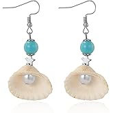 QLUYCKW Natural Seashell Earrings Bohemian Turquoise Pearl Silver Scallop Drop Dangle Earrings Cowrie Summer Beach Vacation Jewelry for Women