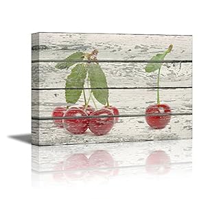 Canvas Prints Wall Art - Red Cherries on Vintage Wood Background Rustic Home Decoration - 12" x 18"