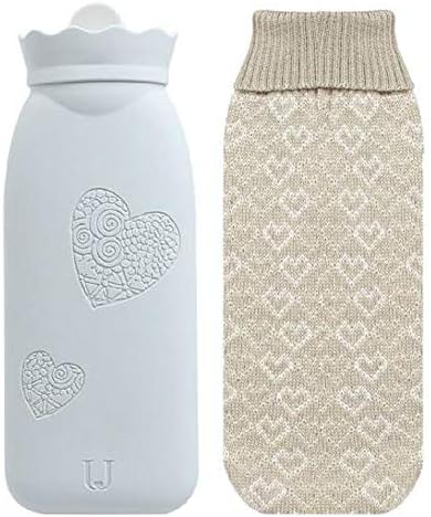 Huisenus Silicone Cute Hot Water Bottle Bag Microwaveable with Knit Cover Warmer for Kids Children Winter Bed Hot Water Bag Gift Set Cold Packs Pain Relief Therapies (Grey: 525ml)