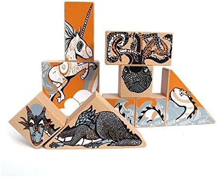 Fidoodle Hand Printed Original Illustrations Wooden Story Block Magical and Mythical Creatures Toy Block Set