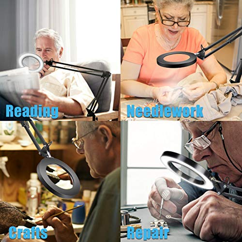 LANCOSC LED Magnifying Lamp with Clamp, 10 Levels Dimmable, 3 Color Modes, 5-Diopter Real Glass Lens, Adjustable Swivel Arm Lighted Magnifier Light for Desk Table Craft Workbench Close Work-2.25X