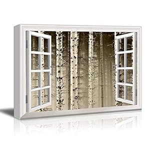 Modern White Window Looking Out Into a Foggy Sepia Spiky Tree Forest - Canvas Art Home Art - 24x36 inches