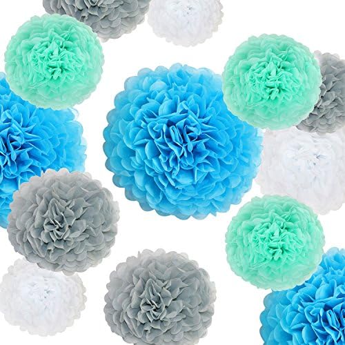VIDAL CRAFTS 20 Pcs Tissue Paper Pom Poms Kit  (14", 10", 8", 6" Paper Flowers) for Birthday, Baby Shower, Baby Boy Nursery Decor - Aqua Blue, Mint, Grey, White