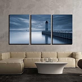 3 Piece Canvas Wall Art - Milwaukee Lighthouse. Toned Image of The Milwaukee Lighthouse at Sunset. - Modern Home Art Stretched and Framed Ready to Hang - 16"x24"x3 Panels