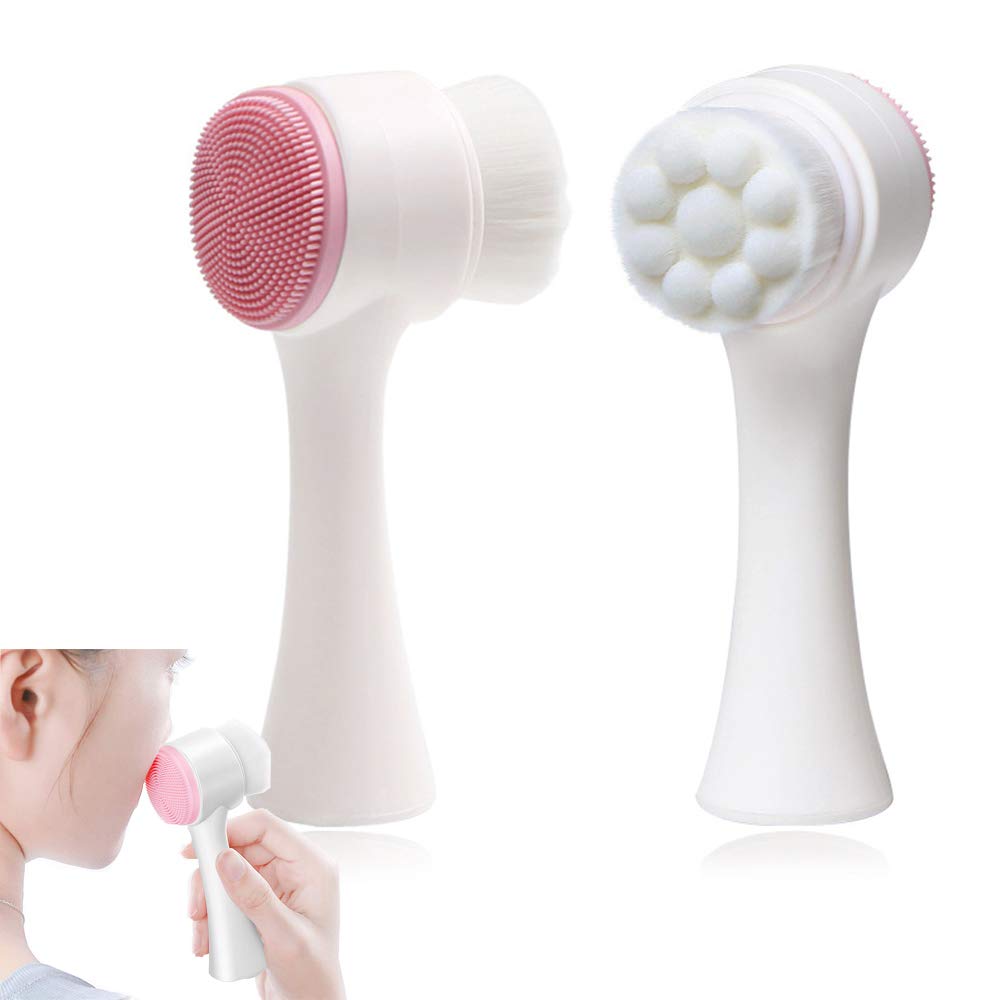 YFSEOS 2 in 1 Manual Facial Brush Cleansing,Silicone Double-Sided Face Wash Brush with Face Massager Brush,Massage Pore Ultra-Soft Manual Exfoliating (Pink)
