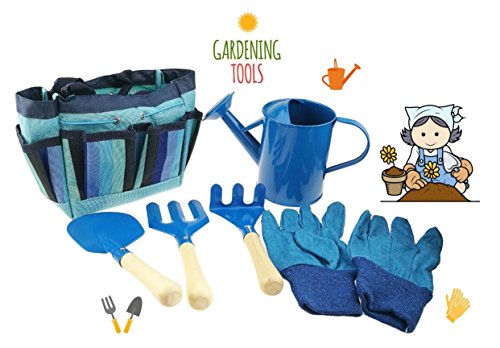 Gardening Tool Set For Kids Children Includes Watering Can Gloves Shovel Rake Fork and Carry bag Girls Boys Gift (Blue)