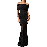 HTZMO Women Sexy Off Shoulder Bodycon Maxi Dress Strapless Ruched Wedding Guest Formal Party Long Dresses