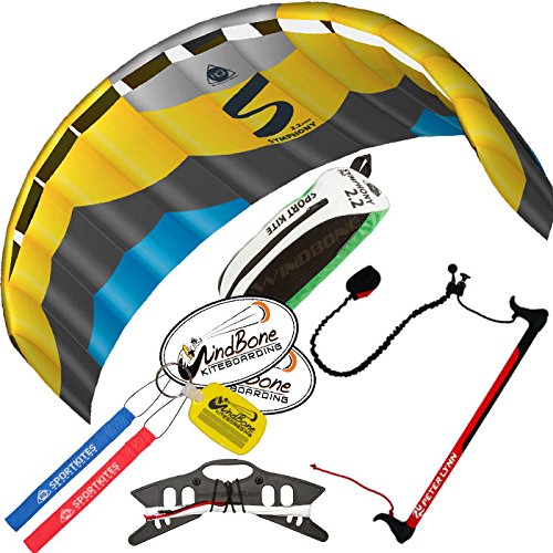 HQ Symphony Pro 2.2 Kite Edge Yellow Blue w Control Bar Bundle (4 Items) + Peter Lynn 2-Line Control Bar w Safety Leash + WindBone Kiteboarding Lifestyle Stickers + WBK Key Chain – Foil Trainer Kit
