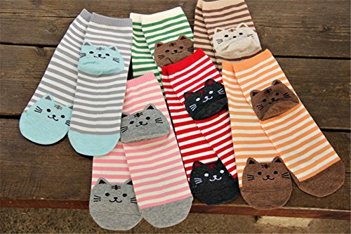 AnVei-Nao Womens Girls Stripe Cute Cat Cotton Soft Pattern Crew Socks 6 Pairs 3D