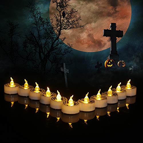 Youngerbaby 12 Pack LED Tea Light for Halloween Decor, 1.4 Inch Flickering Amber Battery Operated Candles Indoor Outdoor Seasonal Holiday Home Party Decoration (Black Grimace) - Thumbnail 4