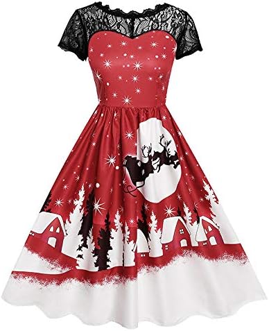 cureture ❤️❤ Women Christmas Dress,Women's Vintage Lace Short Sleeve Print Christmas Party Swing Dress, Women's Slim Fit Vintage 1950S A Line Cocktail Party Wedding Evening Lace Swing