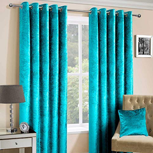 Homescapes Teal Crushed Velvet Lined Curtain Pair 90 x 90 Inch Drop