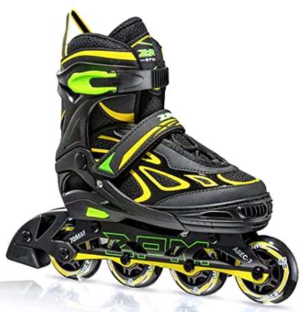 2PM SPORTS Vinal Girls Adjustable Inline Skates with Light up Wheels Beginner Skates Fun Illuminating Roller Skates for Kids Boys and Ladies… (Yellow & Green, Youth - Large (4Y-7Y US))