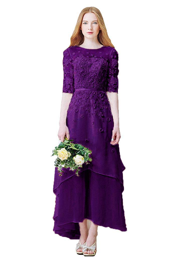 JINGDRESS Womens High Low Chiffon Lace Wedding Party Dress Half Sleeve