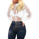 Angsuttc Women's Button Down Shirt Polka Dots Sheer See Through Long Sleeve Blouse