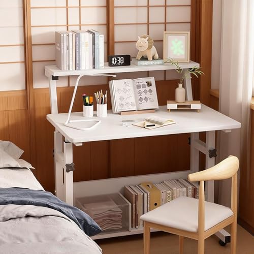 VUCATIN Small Study Desk for Bedroom, Rolling Computer Desk with Wheels Storage Shelf for Small Spaces, Adjustable Height Standing Table for Home Office (F-White)