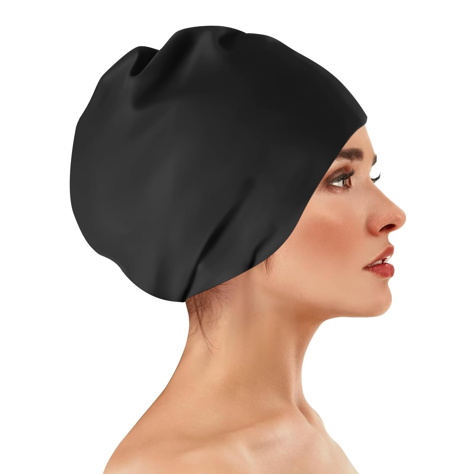 Oversized Swimming Cap - English Long Bag, Adult Black Women's Swimming Cap for Braids and Fear Long Braids,Extra Large Silicone Swimming Cap (Black)