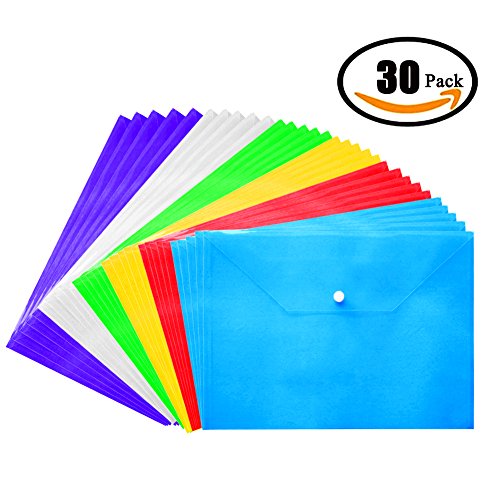 Plastic Envelopes Poly Envelopes - 30Pack Poly Folders With Snap Button Closure Plastic Folders Premium Quality Document Folder A4 Size 6 Assorted Colors