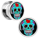 BodyJ4You Sugar Skull Plugs Stainless Steel Screw Fit Double Flare Sugar Skull Plugs 8G-12mm (2 Pieces)