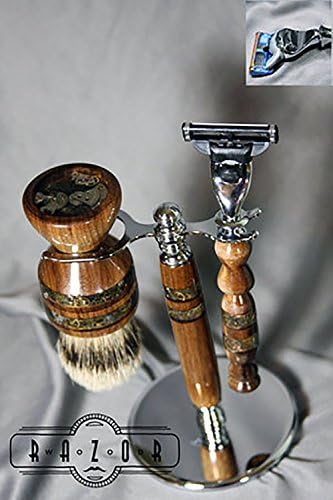 American Walnut Mach3/Fusion Shaving Set with Super Silvertip Badger Hair Brush and Copper Steampunk Inlay