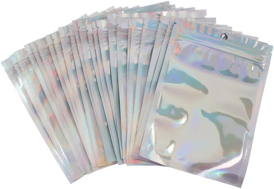 PAFUWEI 100 Pack Resealable Foil Pouch Bag Clear Flat Ziplock Bag Holographic Rainbow Color Mylar Bags for Food Jewelry Storage, 5.5'' x 7.87''