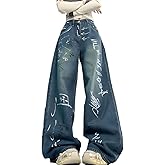 RILGOU Y2K Gothic Vintage Grunge Casual Style High Waist Straight Wide Leg Doodle Print Denim Pants for Women