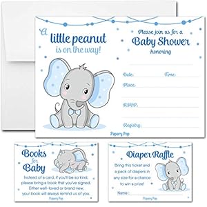 Set of 25 Baby Shower Invitations for Boy with Envelopes, Diaper Raffle Tickets and Baby Shower Book Request Cards…