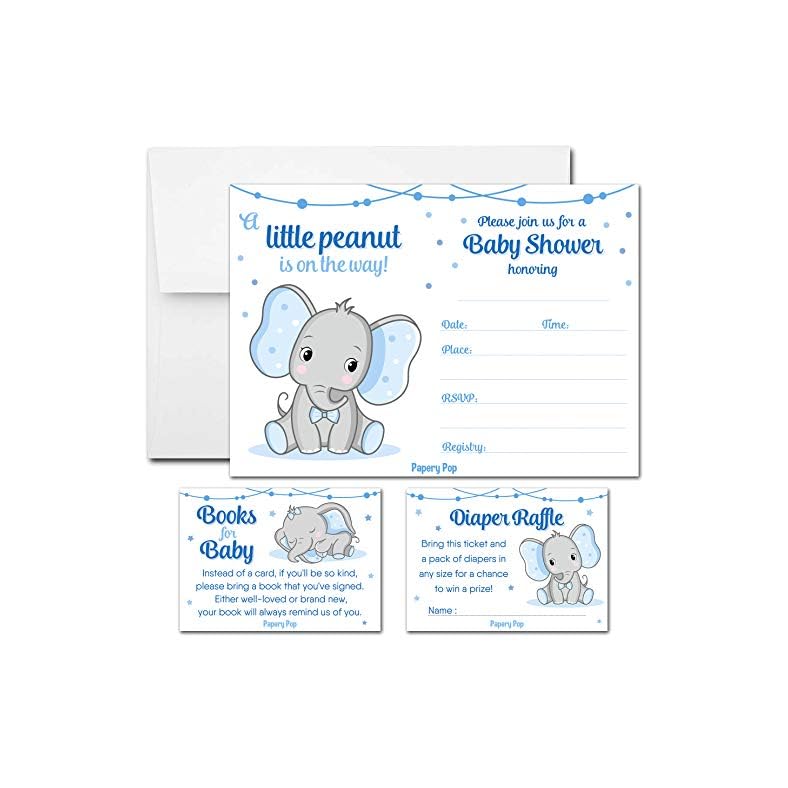 Set of 25 Baby Shower Invitations for Boy with Envelopes, Diaper Raffle Tickets and Baby Shower Book Request Cards…