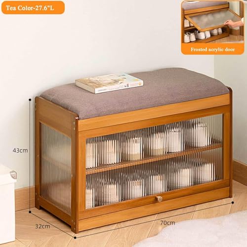 Bamboo Shoe Bench, 3-Tier Shoe Bench Cabinet with Cushion, Dust-Blocking Acrylic Doors, Shoe Organizer Storage Rack for Entryway, Hallway, Living Room, Bedroom